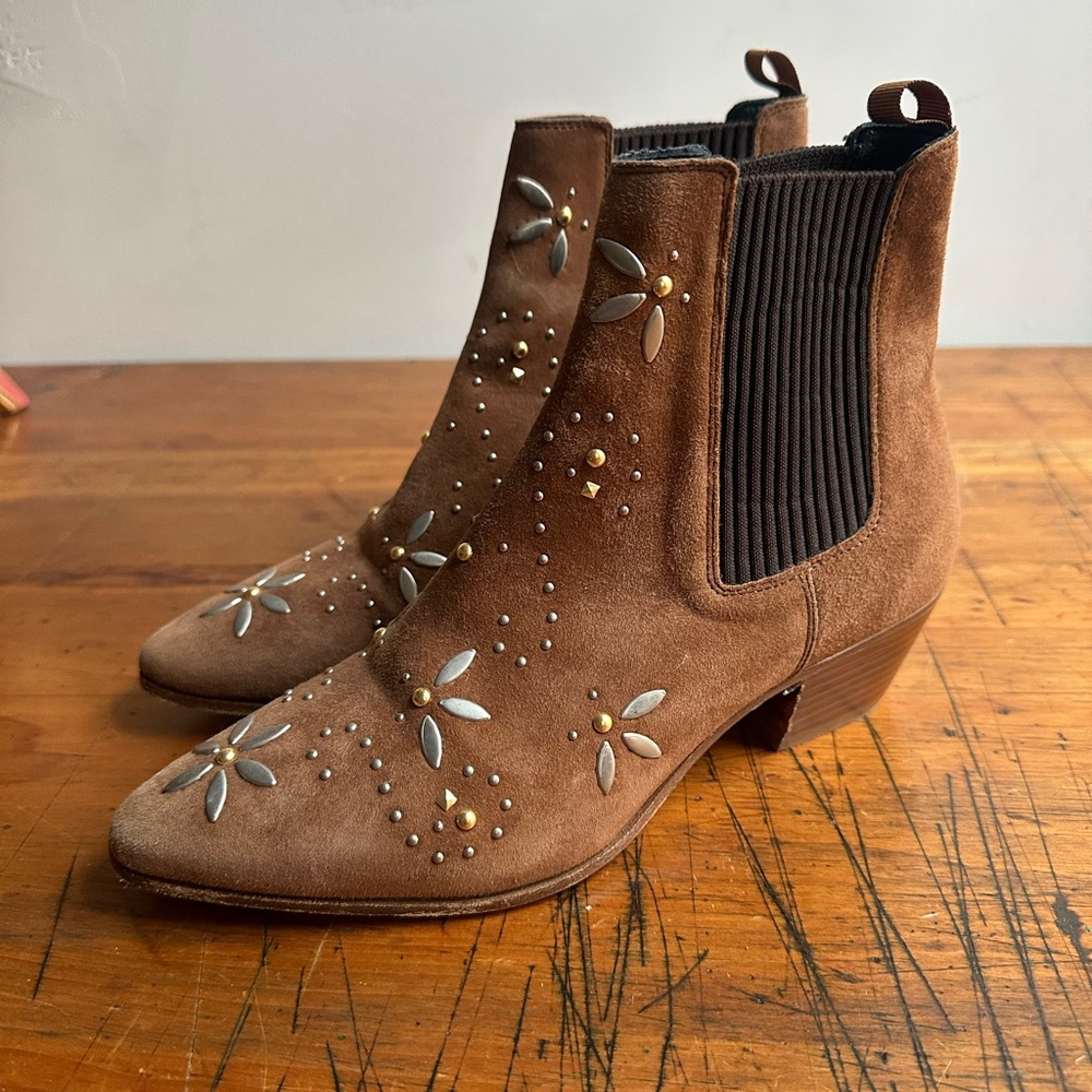 MAJE Feisty Brown Suede Embellished Gold Floral Studded Women’s Boots Size 37 7
